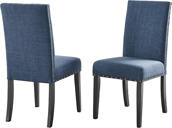 Roundhill Furniture Biony Blue Fabric Dining Chairs with Nailhead Trim, Set of 2