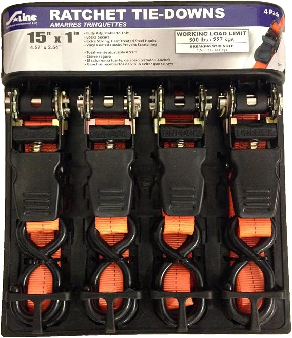S-Line SL91 Ratchet Strap Tie Down with Padded Handle and Large S-Hooks, 1-Inch byx 15-Feet, 500-Pounds Working Load Limit, 4-Pack