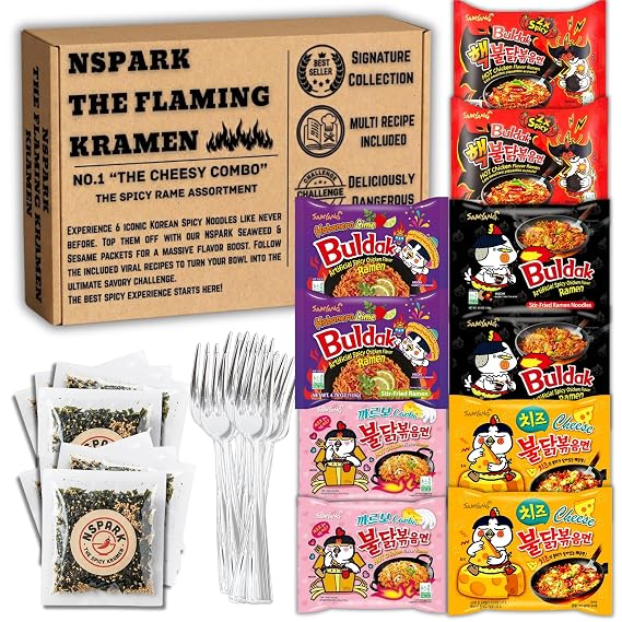 NSPARK FLAMING KRAMEN Spicy Ramen Variety Pack (10 Packs) | 5 Famous Flavors & (10) Sesame Seaweed Topper | (10 Individual Wrap Heavy Fork) Ultimate Korean Style Spicy Noodle Challenge 30 Item Count | Asian Instant Ramen Student Care Package Bundle
