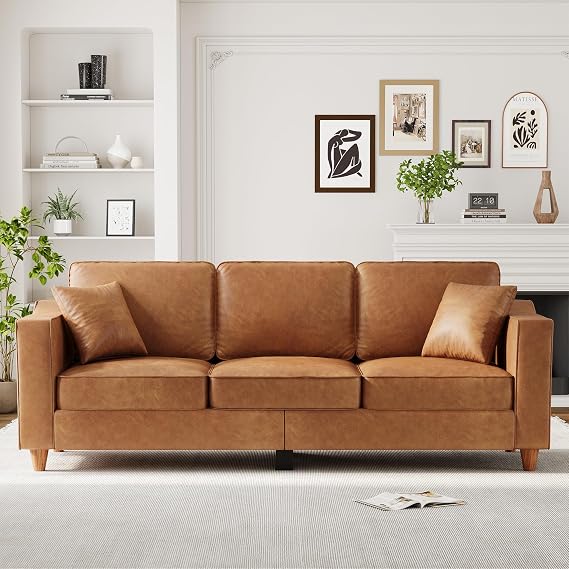3 Seater Faux Leather Couch with 2 Throw Pillows, Sofa Couches, Brown | Wide Armrests, Wood Legs, Deep Seats, Back Cushion, Sturdy Support Feet, for Office, Living Room,