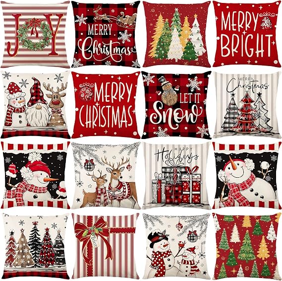 Christmas Pillow Covers 18x18 Set of 16, Holiday Throw Pillow Cases | Couch Sofa Bed Pillow Case Christmas Decorative Cushion Covers for Home Winter Xmas Decorations