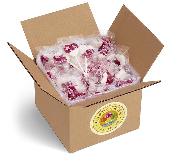 Heart Lollipops by Candy Creek, Bulk 5 lb. Carton, Strawberry Cream Wedding Favor Candy- nut free