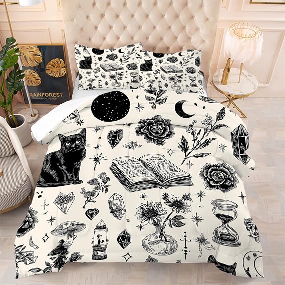 Twin Size Boho Cat Comforter Set, Bohemia Floral Rose Bedding Set for Boys Girls Kids Teens Adults, Retro Mysterious Style Quilt Duvet Bed Set, Bedroom Decor 1 Comforter & 1 Pillowcases