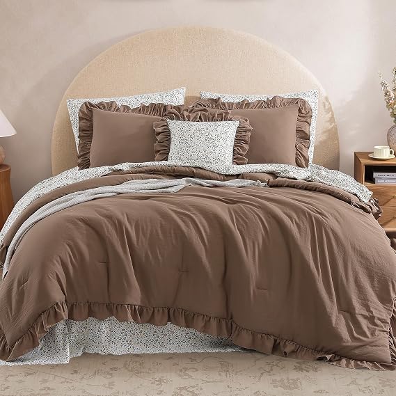 BLOOMHAVEN Twin XL Comforter Set-5 Pieces Ruffle Bedding Floral Sheet | Brown Bed in a Bag, Soft Lightweight All Season Farmhouse Twin XL Bedding Set with Floral Sheets, Pillowcases & Shams