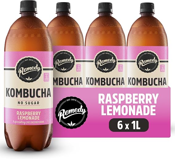 Remedy Kombucha Tea - Raspberry Lemonade - Sparkling Live Cultured, Naturally Sugar Free Soft Drink - Probiotic for Gut Health - 6 x 1L Case (Bottles)