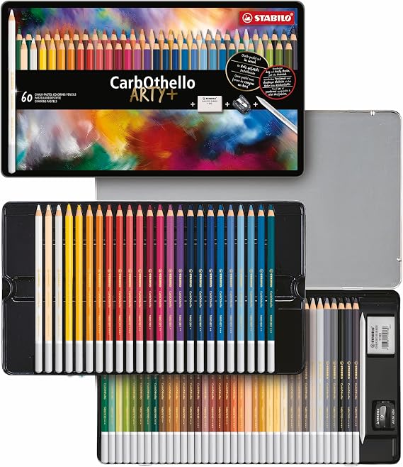 Chalk-Pastel Pencil - STABILO CarbOthello - Tin of 60 - Assorted Colours with Sharpener and Eraser ARTY+ 60 metal case