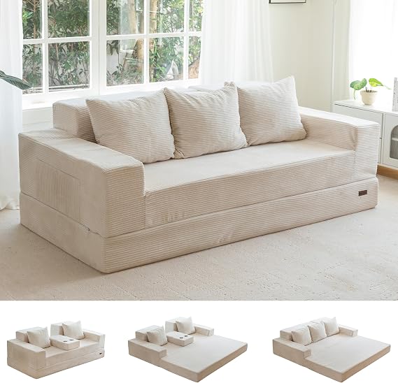 MAXYOYO Folding Sofa Bed, Corduroy Floor Couch with Cup Holder | Convertible Sleeper Sofa Bed with Cup Holder and Pillows, Lazy Compression Sofa for Living Room, Bedroom, Guest Room