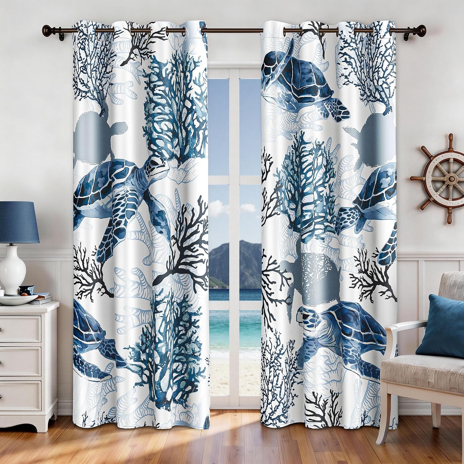 Nautical Coastal Curtains Decorative Beach Ocean Sea Turtle Coral 50% Light Blocking Sea Darkening Grommet Curtain For Villa Living Room, Bedroom Navy Blue and White 2 Panels Set, 52x63 Inches