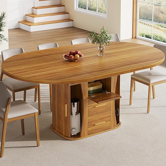 Bladez Extendable Round Dining Table 118-158 cm with 3-Tier Storage, Oval Drop Leaf Kitchen Table, Space Saving Wooden Dining Table for 4-6 People, Walnut MDF