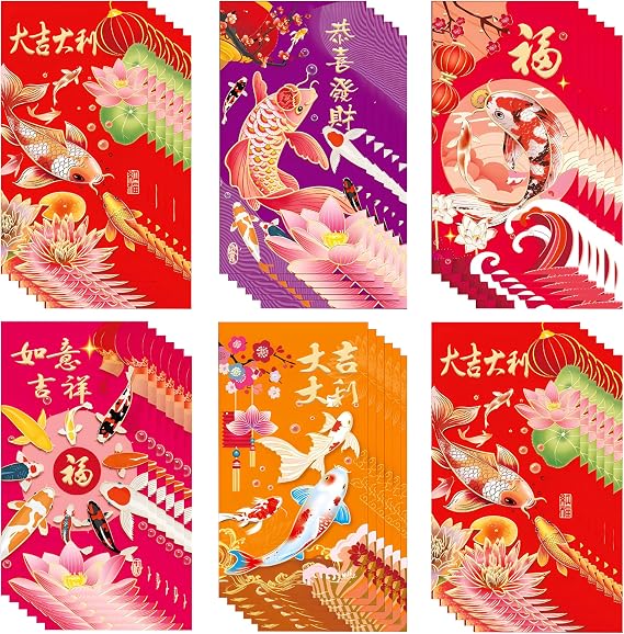 Chinese New Year Red Envelopes, 2025 Nian nian you yu Lucky Fishes Red Envelopes, Lucky Money Envelopes, Red Packet, Hong Bao for Spring Festival (36pcs)