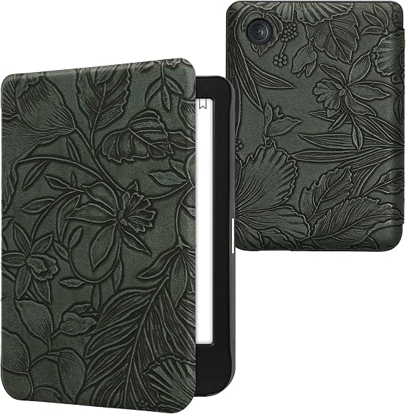 kwmobile Case Compatible with Kobo Clara BW/Colour Case - eReader Cover - Embossing Flowers Green