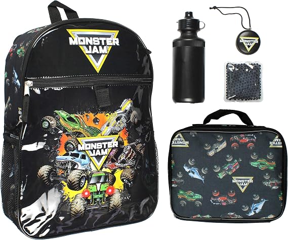 INTIMO Monster Jam Megalodon Grave Digger Max-D Monster Trucks Backpack Lunch Bag Water Bottle Ice Pack 5 Piece Mega Set 16"