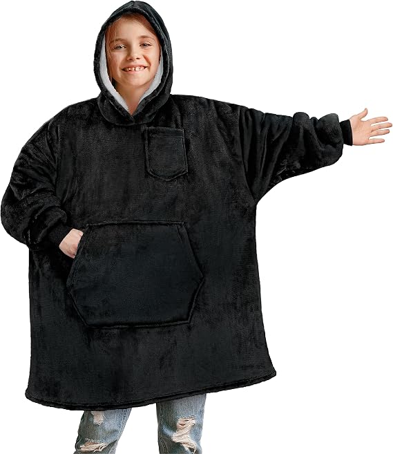 PAVILIA Wearable Blanket Sweatshirt Kids Boy Girl, Warm Cozy Giant Hoodie, Fleece Sherpa Oversized Hood Sleeves, Big Pocket