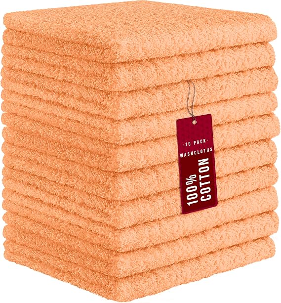 DecorRack 100% Cotton Washcloths 12x12 in, Peach (10 Pack)