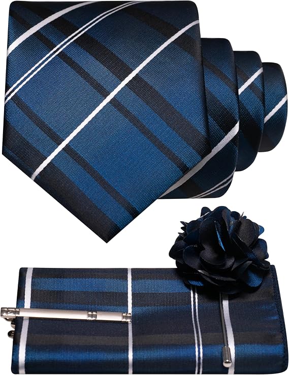 JEMYGINS Mens Striped Tie and Pocket Square with Tie Clip Lapel Pin Set 4PCS