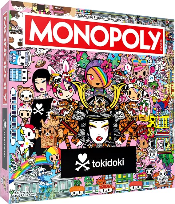 MONOPOLY: tokidoki Board Game, Buy, Sell & Trade Characters like Donutella, Mozzarella, Stellina, Includes 6 Collectible Mover Tokens - Cactus Dog, Sirena, Adios & More,Official tokidoki merchandise