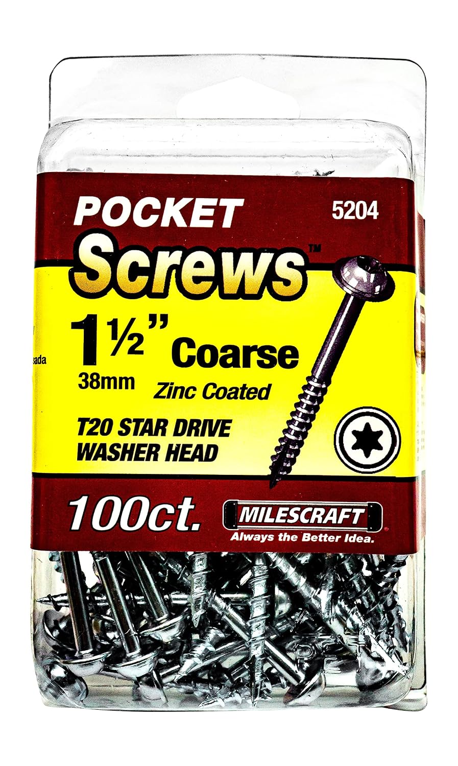 Milescraft 5204 Wood Pocket Hole Screws - #7 x 1-12 Washer Head with Coarse Thread 100pc., Torx Drive Self-Tapping, for Indoor Use