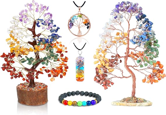 Seven Chakra & Agate Slice Base Tree of Life - Crystal Tree for Positive Energy - Tree of Life Decor - Feng Shui Tree Decor - 7 Chakra Tree, Money Tree Bonsai - Stone Tree - Spiritual Gifts