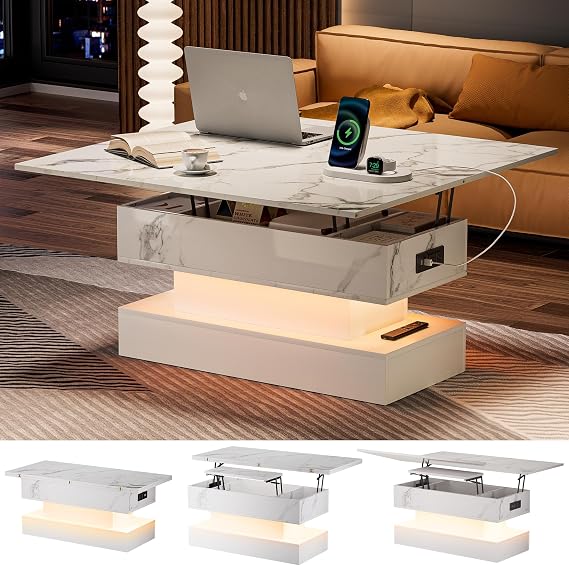 39.4 Modern Lift Top Coffee Table with Charging Station White