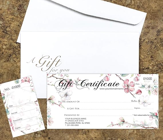 Gift-Blossoms Custom Gift Certificates Cards with Envelopes 100 Set - Gift Certificates for Business with Sequential Numbering