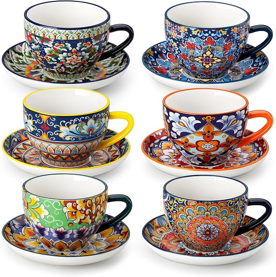 vancasso SIMI Cup and Saucer Set of 6, 8oz/240ml Porcelain Coffee Cup Set