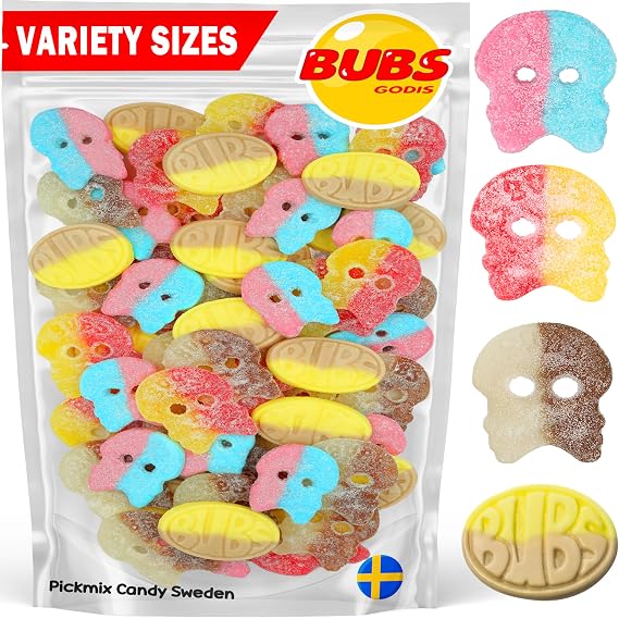 Bubs Swedish Candy Mix Authentic Sweet and Sour Swedish Gummies, Straight from Sweden. Includes Big Ovals, Skulls, and More - Packed in a Pickmix Candy Sweden Bag