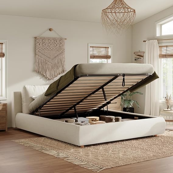 ModernLuxe 5FT Cloud King Size Bed Frame with Storage, Elegant Upholstered Ottoman Bed Featuring 2 Soft Cushions with Removable Covers, Cozy Boucle Fabric, Warm White Finish, 150x200cm
