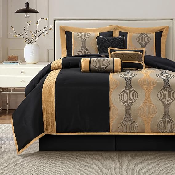 LANCO MODERN LIFESTYLE King Comforter Set, Black Gold, 7 Pieces Bed in a Bag, Ultra Soft Jacquard with Solid Piecework, Luxury Bed Set with Comforters, Bed Skirt, Pillow Shams and Decorative Pillows