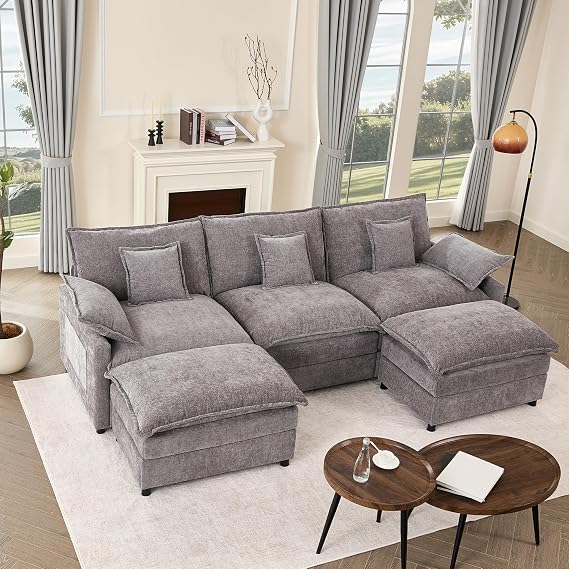 274 cm U-Shaped Sofa, Chenille Deep Seat Sofa Bed, Slate | Cloud Comfort, Deep Seat Design, Soft Chenille Upholstery, Machine-Washable Covers, Movable Ottoman