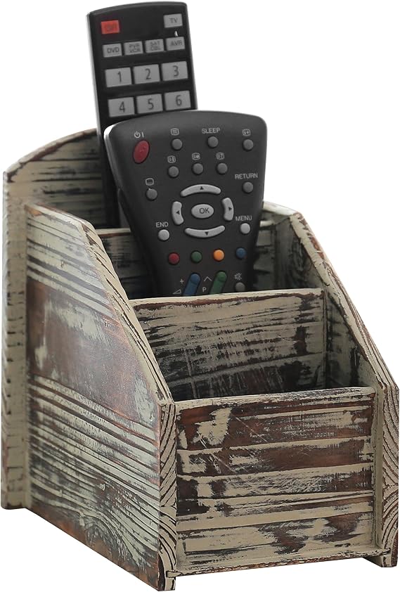 MyGift Torched Wood Remote Control Holder, 3-Compartment Tabletop Organizer