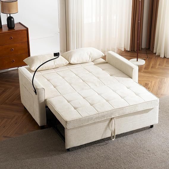 Harper & Bright Designs 56.9" Modern Convertible Sleeper Sofa Bed Loveseat Sofa Couch with a Reversible Backrest Cushion, Side Pockets, Two USB Ports and a Phone Holder for Living Room, Beige