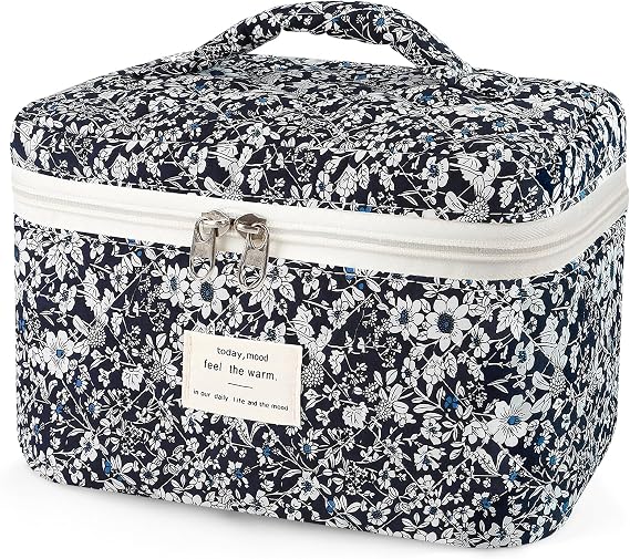 Givurao Large Travel Quilted Makeup Bag for Women, Floral Cotton Cosmetic Bag Cute Coquette Aesthetic Floral Toiletry Organizer Bag for Girls Little Black Rose Cosmetic Zipper Storage Bag