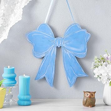 RattanView Bow Wooden Hanging Sign Coquette Bow Wall Hanging Cute Preppy Wall Art Bowknot Welcome Door Sign Girly Decor for Girls Room College Dorm Apartment Indoor Outdoor Porch (Dusty Blue)