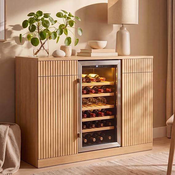 Large Coffee Bar Cabinet with Fridge Space, Fluted Mini Fridge Cabinet with Storage & Power Outlet, Modern Design Buffet Sideboard Table for Home Bar