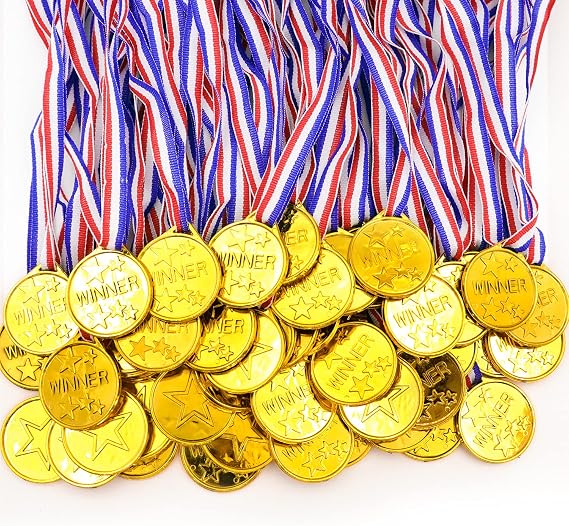 50 Pieces Gold Plastic Winner Award Medals with Ribbon Necklaces for Sports,Games,Competition,Students Rewards,Talent Show,Parties,Party Favors or Decor