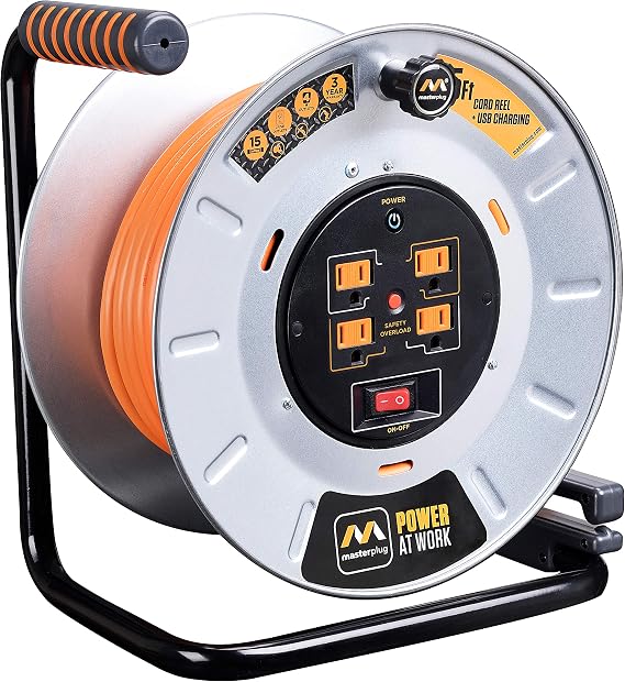 Masterplug Metal Steel Drum with Four Powered Outlets, Open Cord Reel Extension Cord with Winding Handle, Overload Circuit Breaker and Power Switch, 75 Feet 12AWG, High Visibility Cord