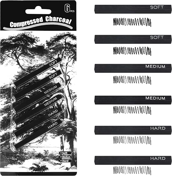 MyLifeUNIT Compressed Charcoal, Square Vine Charcoal Sticks for Drawing, Pack of 6 (2 Soft, 2 Medium and 2 Hard)