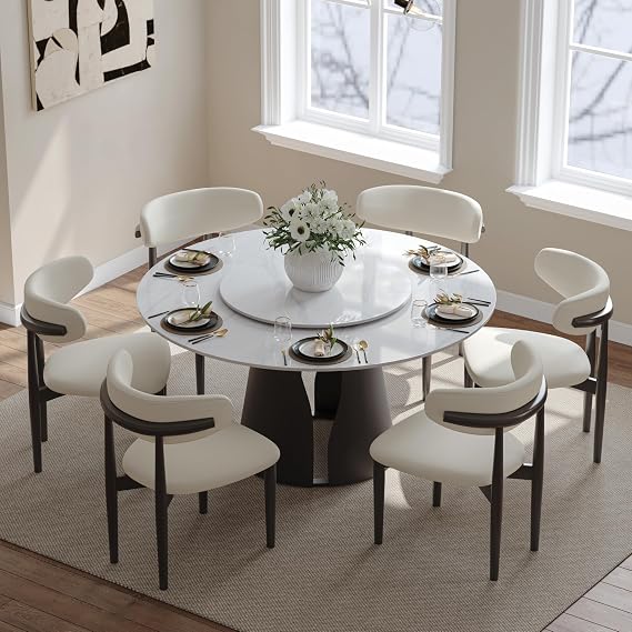 POVISON Round Dining Table Set for 6, PU Leather Dining Chairs Set of 6 with Glossy White Sintered Stone Dining Table with Lazy Susan (59" Dining Table + 6 Chairs)
