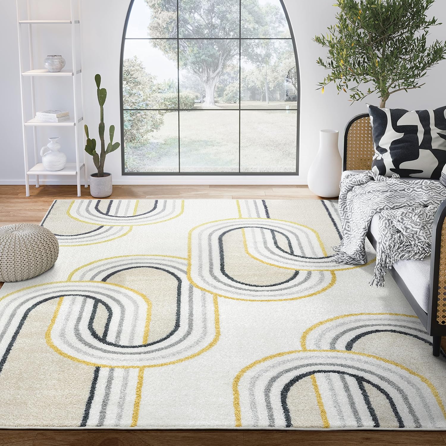 Abani Geometric BeigeCream Area Rug - 6x9 - Modern Linked Oval Design - Deco Collection - Easy to Clean - Durable for High Traffic Areas - Bedroom, Office & Kitchen - Medium Pile