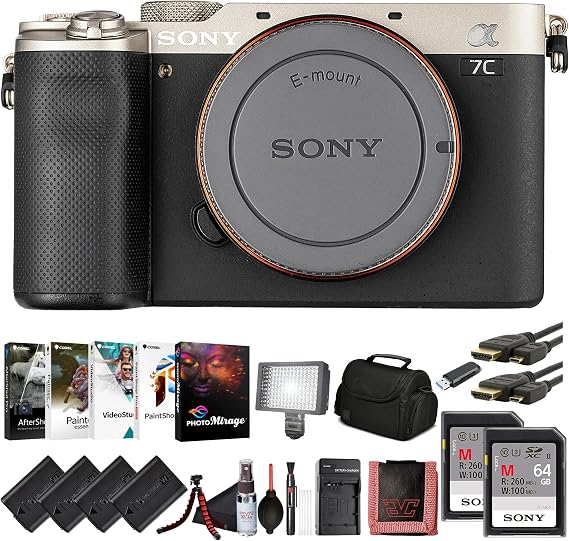 Sony 7C Full-Frame Mirrorless Camera Body Black (ILCE-7C/S) 24.2 MP Exmor R Sensor, 4K Video, Compact Design | 2 x 64GB Memory Card, 3 x NP-FZ-100 Battery, Photo Software, Case and More