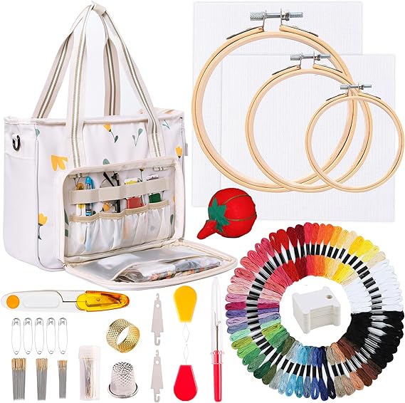 Peirich Embroidery Starter Kit, Embroidery Storage Organizer Bag with Embroidery Floss, Hoop, Aida Cloth, Cross Stitch Kits for Beginners, Adults