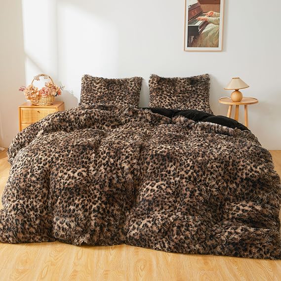 XeGe Fluffy Faux Fur Cheetah Print Duvet Cover Set, Brown and Black, Queen