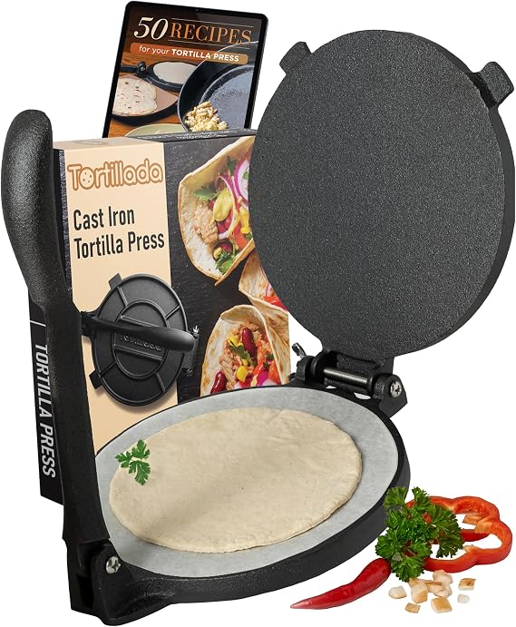 Tortillada - Tortilla Press incl. E-Book with 50 Recipes (8 Inch) | Tortilla / Quesadilla / Roti Maker in cast iron with 50 tortilla recipes