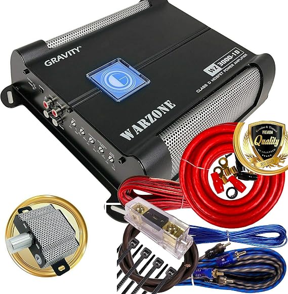Gravity 3000.1D Class D Car Amplifier - 3000 Watts, 1 Ohm Stable, Digital, Monoblock, Mosfet Power Supply, Great for Subwoofers (2nd Generation) with 4 Gauge Kit Red Bundle