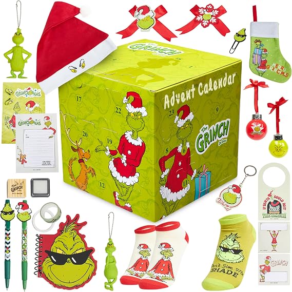 The Grinch Advent Calendar 2025 For Women, Teens, 24 Christmas Countdown Calendar Decorations Santa Hat Socks Key Ring Xmas Decor Gifts for Women | 24 Christmas Countdown Calendar Decorations, Santa Hat, Socks, Key Ring, Xmas Decor, Gifts for Women
