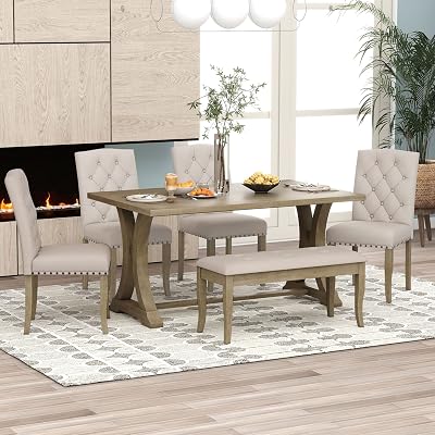 Bellemave 6-Piece Dining Table Set with Bench for 6 Rectangular Kitchen Table Set with 4 Chairs Retro Dining Room Table and Chairs with Bench for Kitchen, Dining Room Natural Wood WashWhite