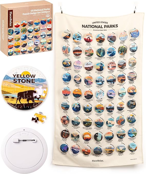 PieceRelax 63-Pack Puzzle Badges 1008 Pieces for Adults - Studio Inception - US National Park - Unique Gift & Home Decor with Plastic Jigsaw Puzzle, Includes Hanging Canvas [BD1133]