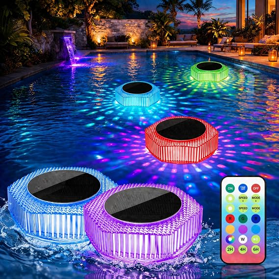 FREECUBE Solar Powered Floating Pool Lights 2 Pack, RGB Color Changing IP68 Waterproof Pool Lights with Remote Control, Solar Pool Lights for Outdoor Swimming Pool Pond Garden Party Decor