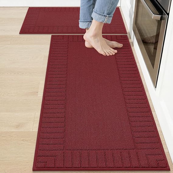 BEQHAUSE Kitchen Rugs Non Slip Washable 2PCS, 20"x30"+20"x48", Burgundy Red