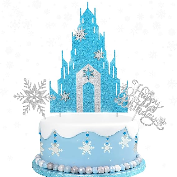Frozen Castle Cake Topper 3Pcs Glitter Snowflake Cake Topper for Winter Wonderland Themed Birthday Party Frozen Castle Themed Baby Shower Supplies